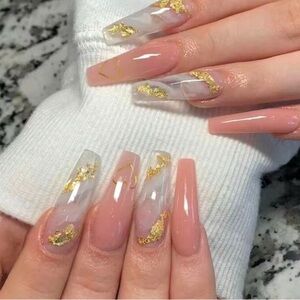✨Glossy Press on Nails With Golden Glitter Design - Long Length/24pcs set